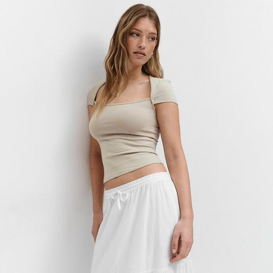 Damen Figurbetontes Kurzarmshirt mit quadratischem Ausschnitt und elastischem Material EB