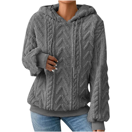 Damen nan kuscheliger Kapuzenpullover mit Zopfmuster Eingrifftaschen und Rippbündchen EB