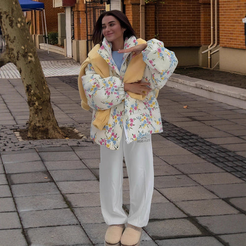Damen Blumenmuster Übergröße Daunenjacke EB