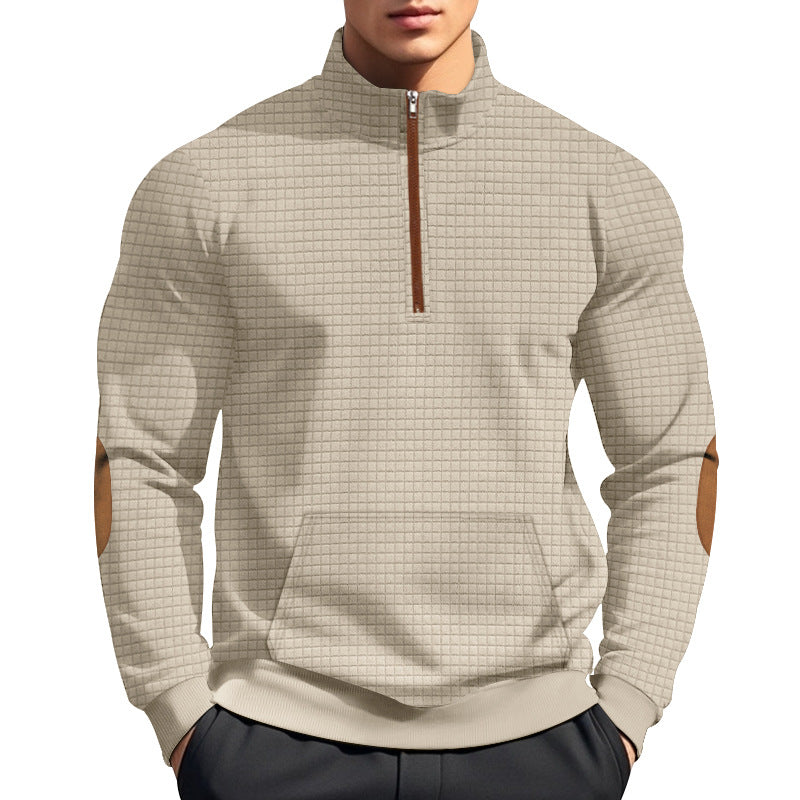 Herren nan gestepptes Halfzip-Sweatshirt mit Stehkragen, Kängurutasche und Kunstleder-Ellenbogenpatches EB