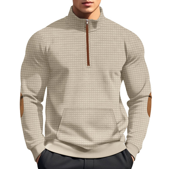 Herren nan gestepptes Halfzip-Sweatshirt mit Stehkragen, Kängurutasche und Kunstleder-Ellenbogenpatches EB
