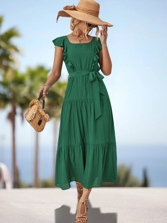 Damen Maxikleid mit Rüschendetails und tailliertem Gürtel EB