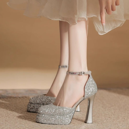 Damen Glitzernde Plateau-Pumps mit elegantem Knöchelriemen EB