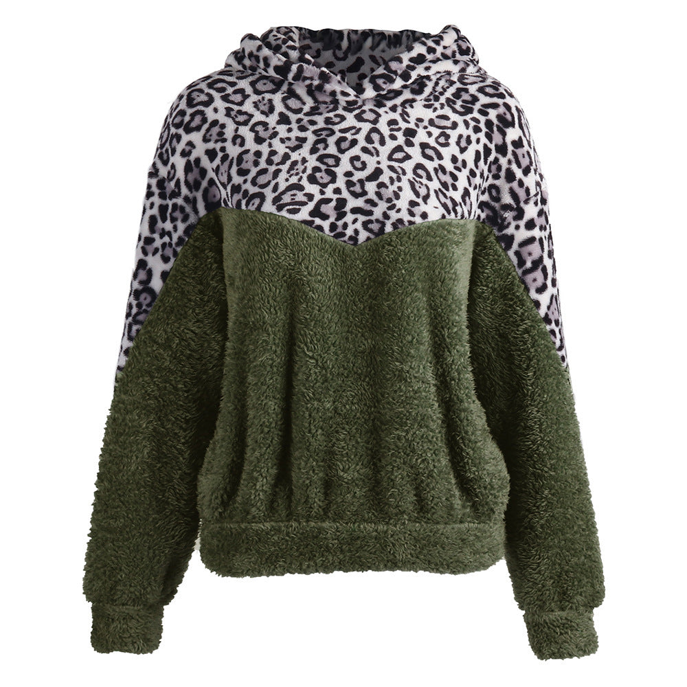 Damen Gemütlicher Teddy-Pullover mit Kapuze und Leopardenmuster EB
