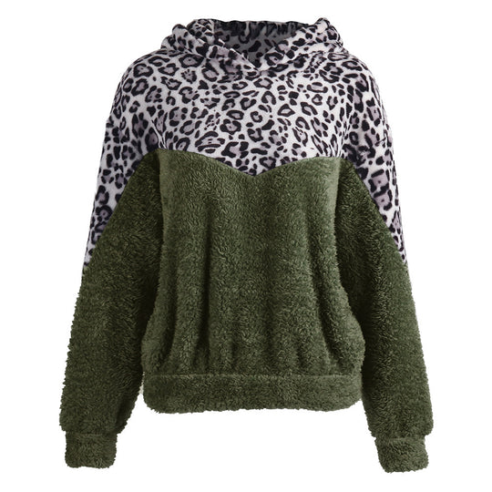 Damen Gemütlicher Teddy-Pullover mit Kapuze und Leopardenmuster EB