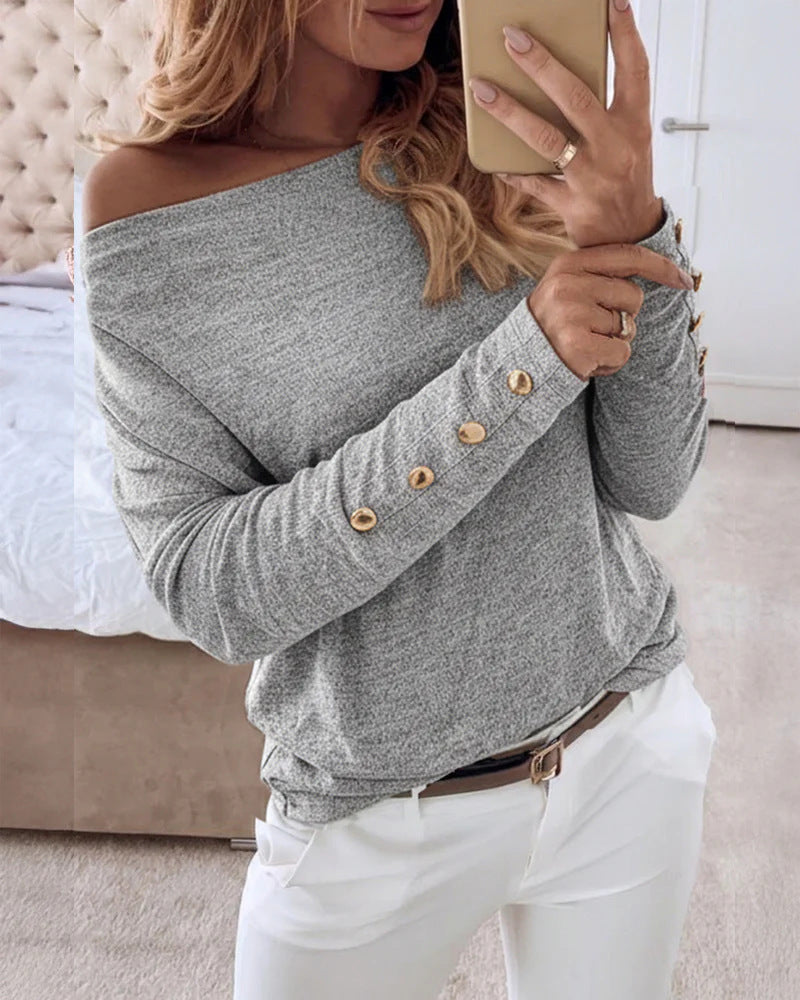 Damen Offshoulder Feinstrickpullover mit Zierknopfleiste an den Ärmeln EB