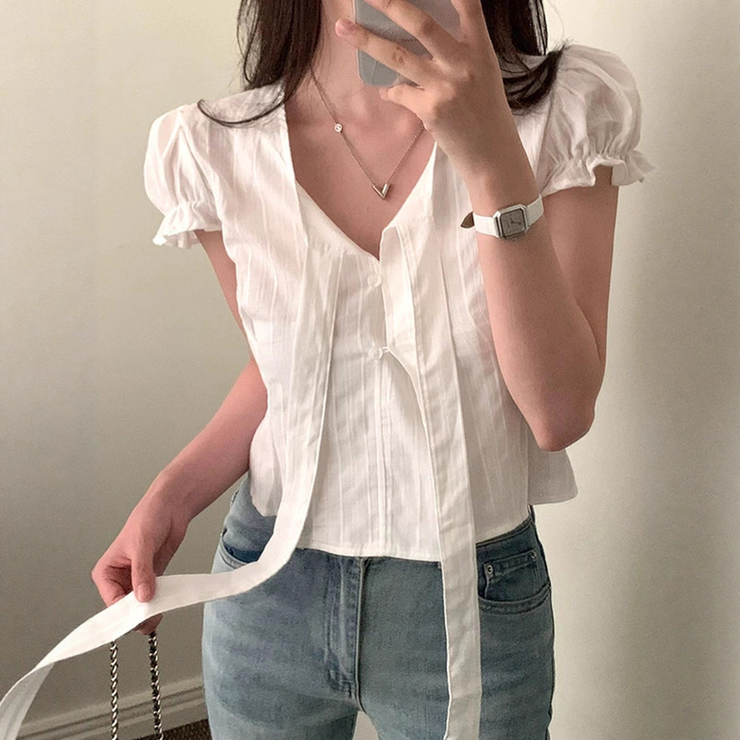 Damen kurzarm bluse mit dekorativen bindebändern EB