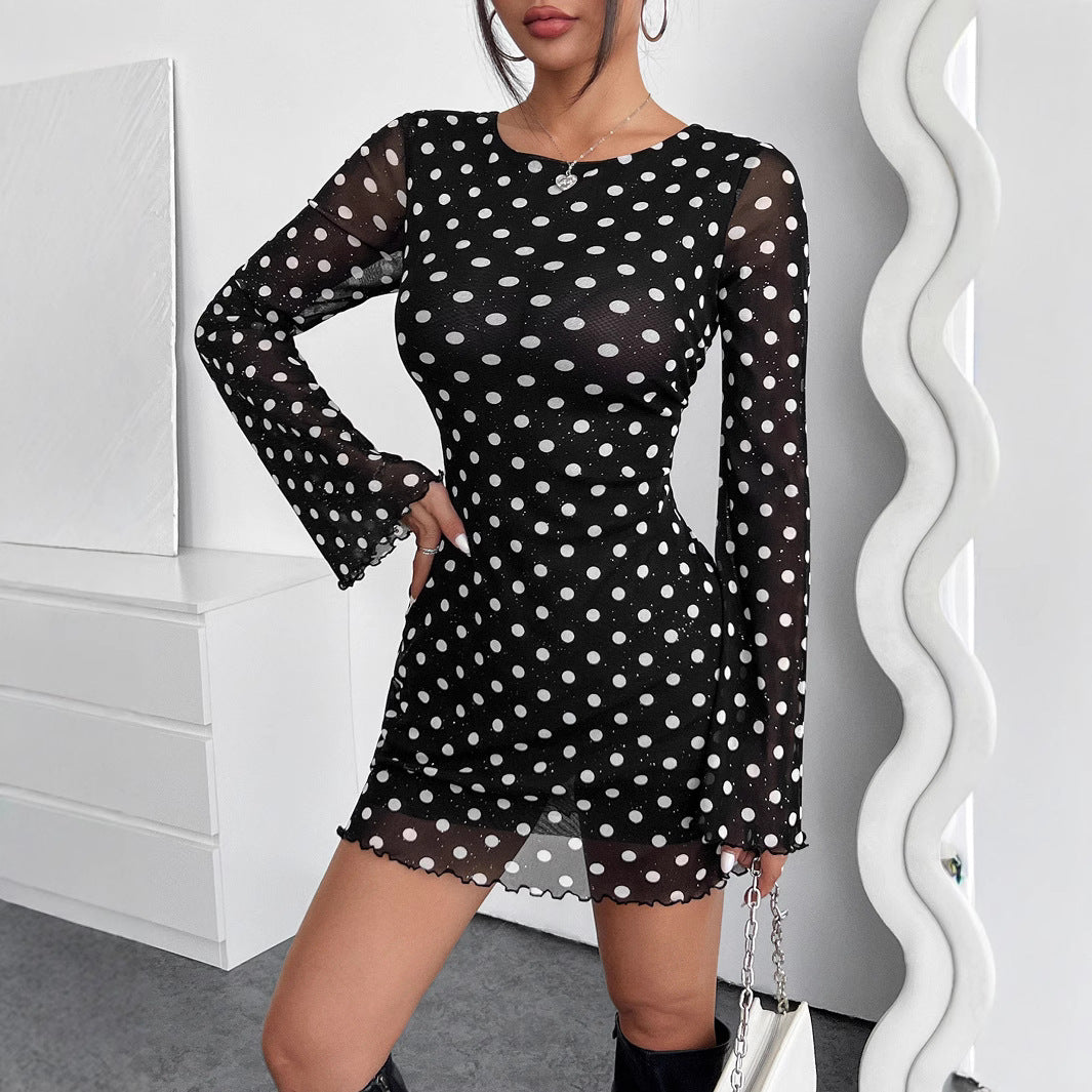 Damen Polka-Dots Minikleid mit langen Ärmeln EB