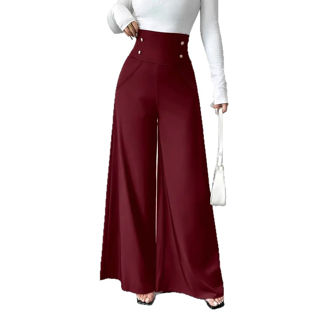 Damen Weite High-Waist Hose mit dekorativen Knöpfen EB