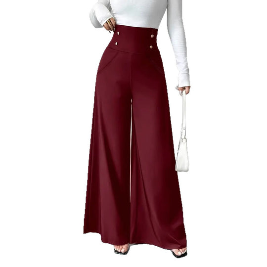 Damen Weite High-Waist Hose mit dekorativen Knöpfen EB