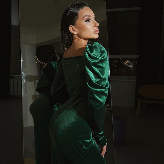 Damen Midikleid mit Puffärmeln und elegantem Taillierungsdesign EB