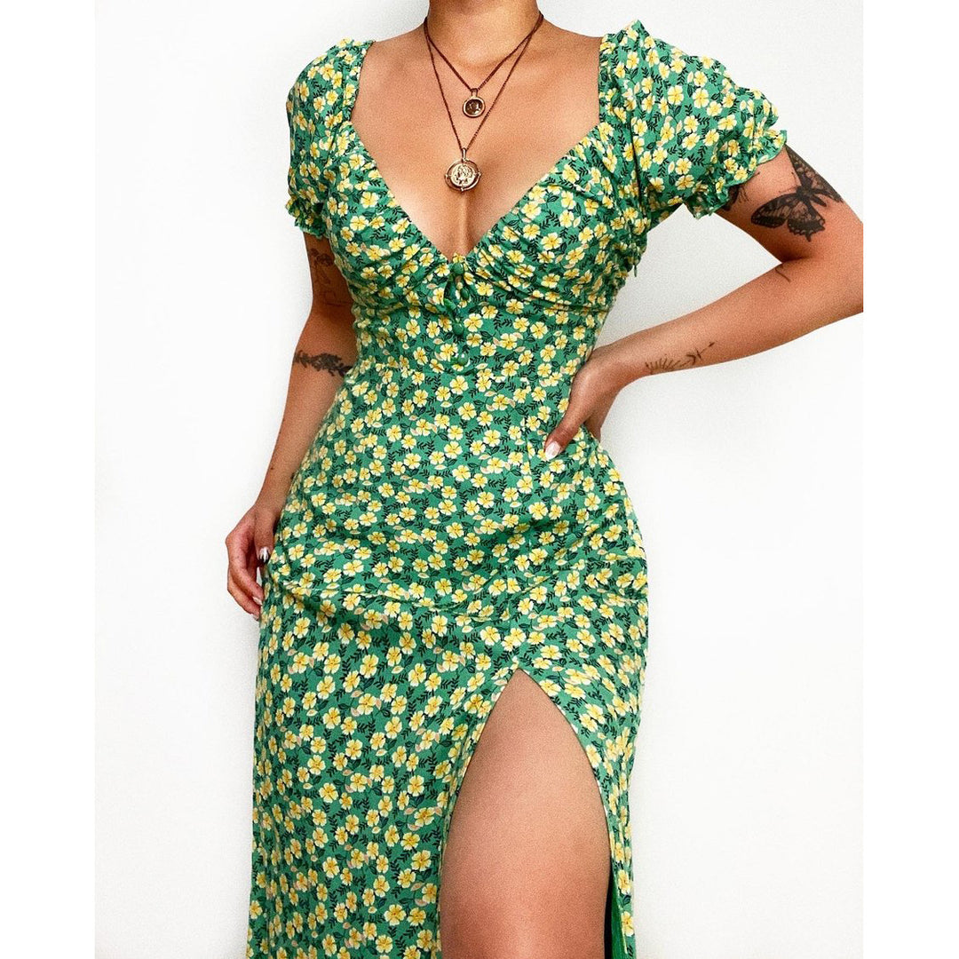 Damen Elegantes Maxikleid mit herzförmigem Ausschnitt und floralen Details EB