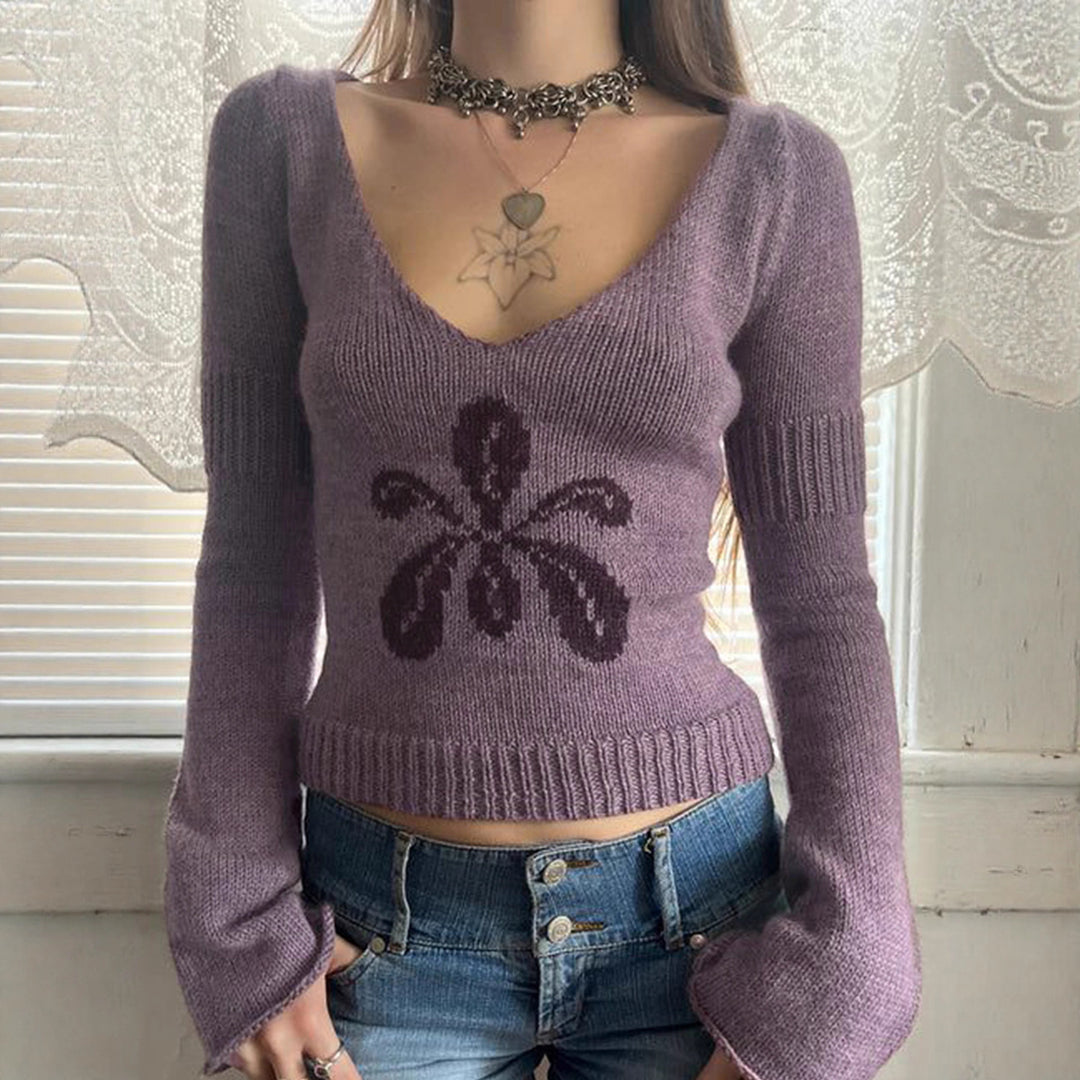 Damen nan kurzes Feinstrick V‑Pullover mit floralem Intarsienmotiv und ausgestellten Trompetenärmeln EB