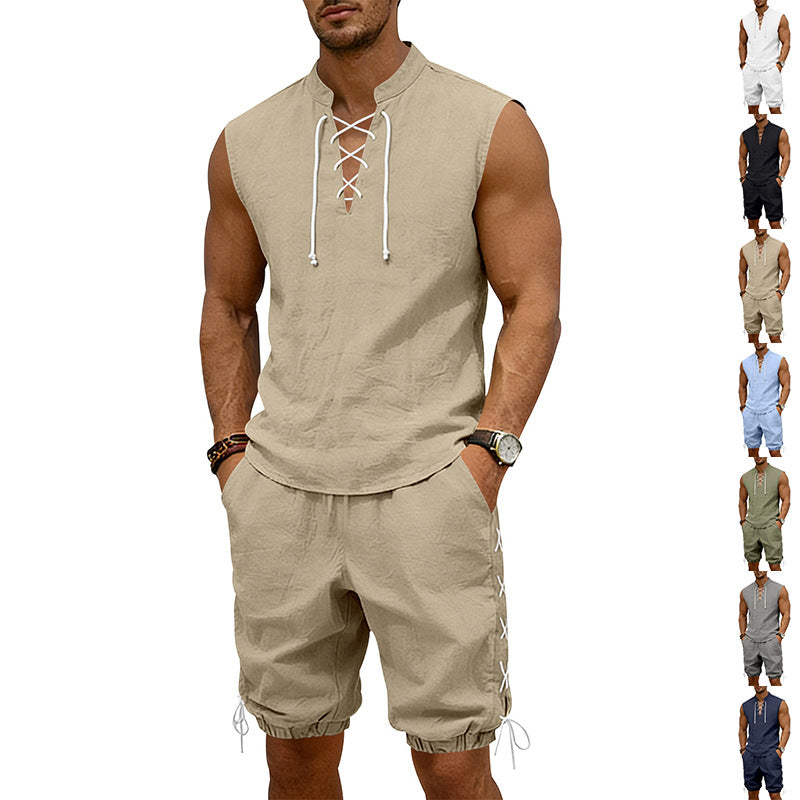 Herren nan ärmelloses Freizeit-Set mit Schnürkragen und Kordelzug-Bermuda EB