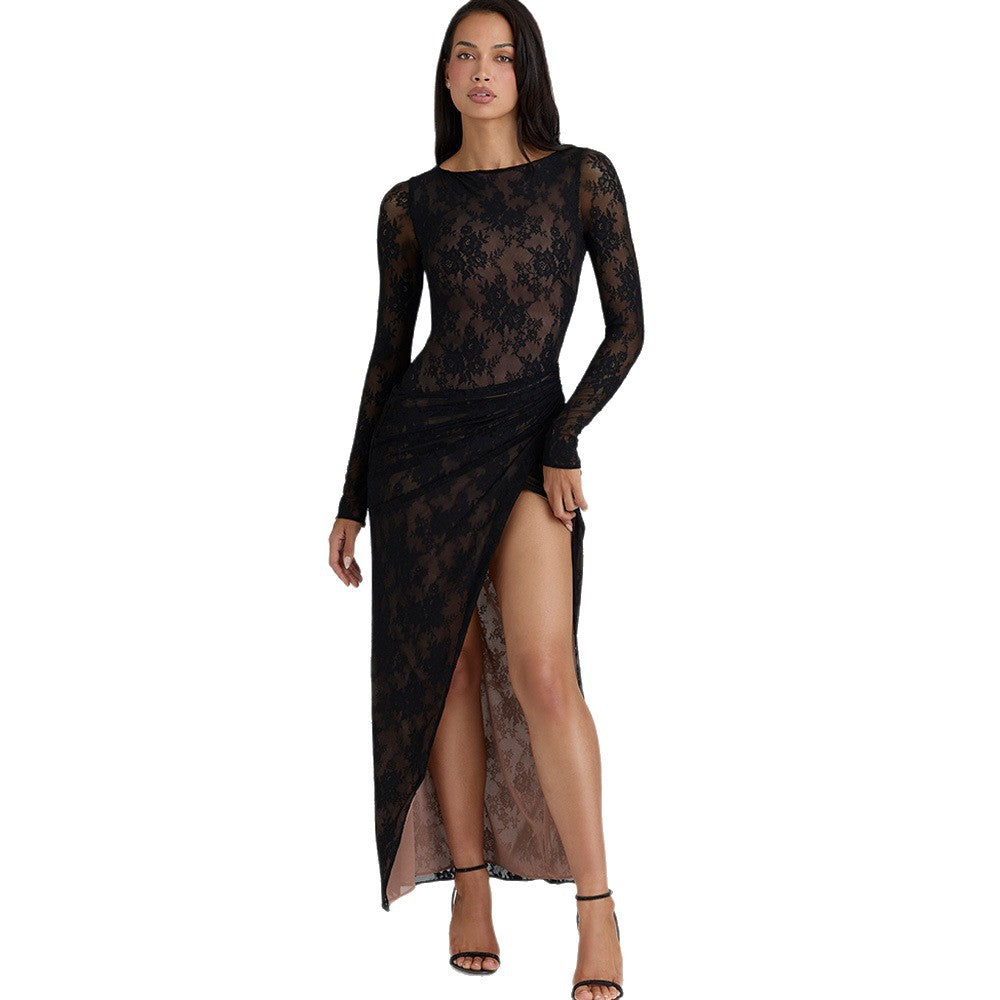 Damen Elegantes Spitzen-Maxikleid mit tiefem Schlitz und zartem Drapierungseffekt EB