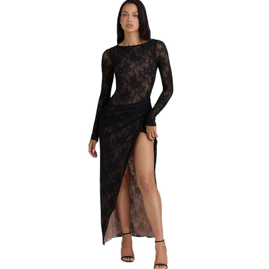 Damen Elegantes Spitzen-Maxikleid mit tiefem Schlitz und zartem Drapierungseffekt EB