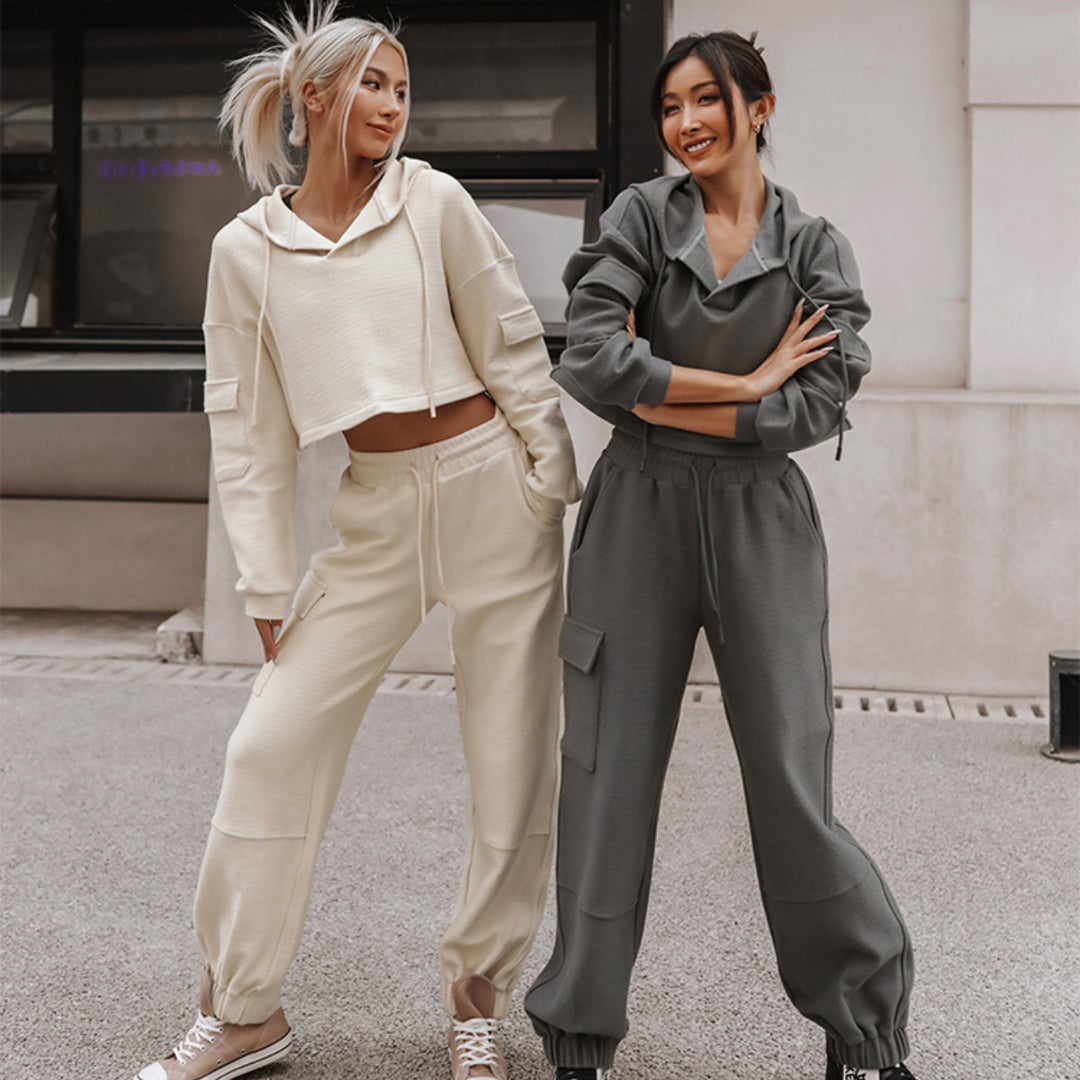 Damen nan Cropped Kapuzenpullover mit Highwaist Cargo-Joggingshose Set EB