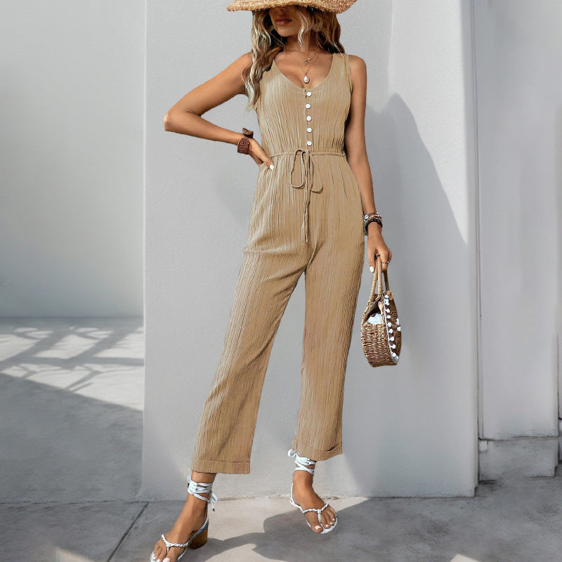 Damen eleganter Jumpsuit mit Knopfleiste und taillierbarem Gürtel EB