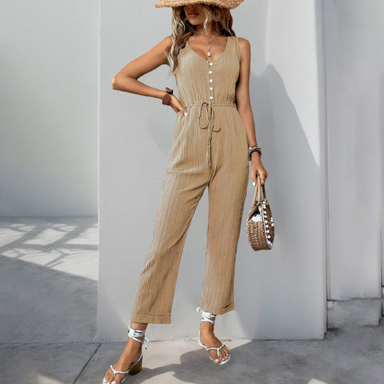 Damen eleganter Jumpsuit mit Knopfleiste und taillierbarem Gürtel EB
