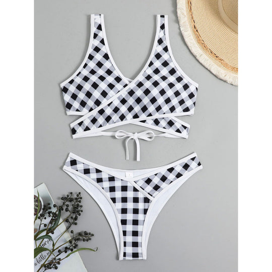Damen Triangel-Bikini mit modernem Wickel-Design und verspieltem Karomuster EB