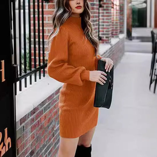 Damen Strickkleid mit hohem Kragen und Puffärmeln EB