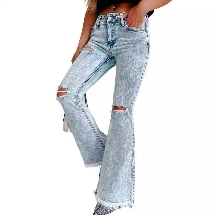 Damen Flared Jeans mit modischen Fransen und Rissen EB