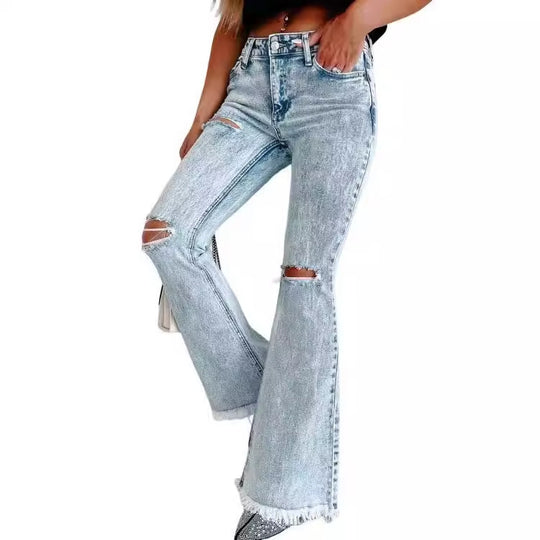 Damen Flared Jeans mit modischen Fransen und Rissen EB