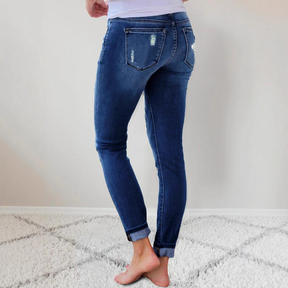 Damen Slim-Fit Jeans mit Leoparden-Detail und Distressed-Optik EB