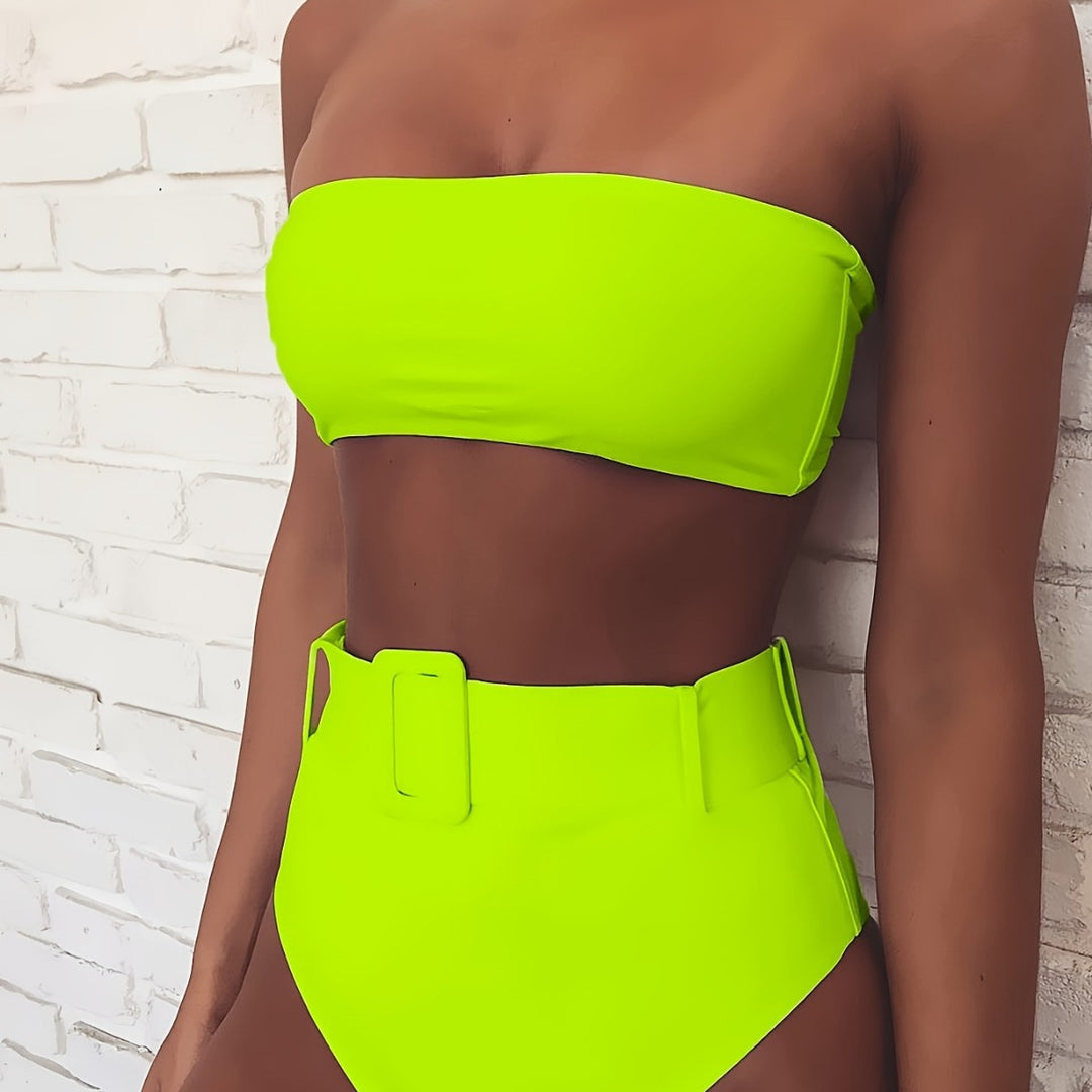 Damen Bandeau-Bikini-Set mit hoch taillierter Hose und trendigem Gürteldetail EB