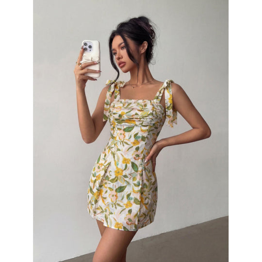 Damen Minikleid mit ärmellosen Bindeschultern und floralem Design EB