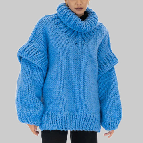 Damen Lockerer Strickpullover mit voluminösen Ärmeln und hohem Kragen EB