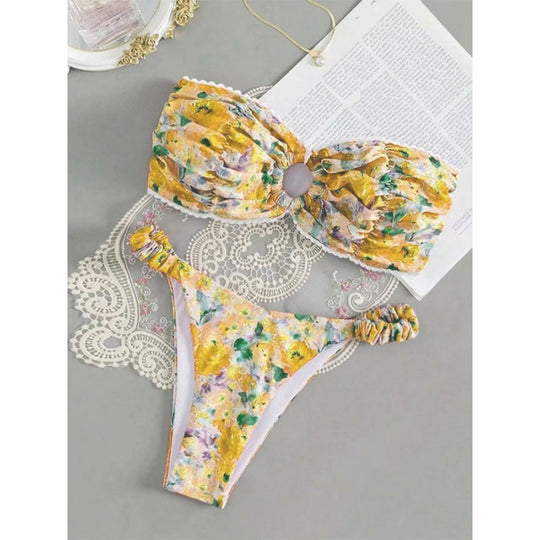Damen Bandeau-Bikini mit romantischem Rüschendesign und verführerischem Blumenmuster EB