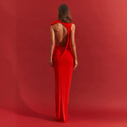 Damen stilvolles Maxikleid mit asymmetrischem Schnitt und hohem Stehkragen EB
