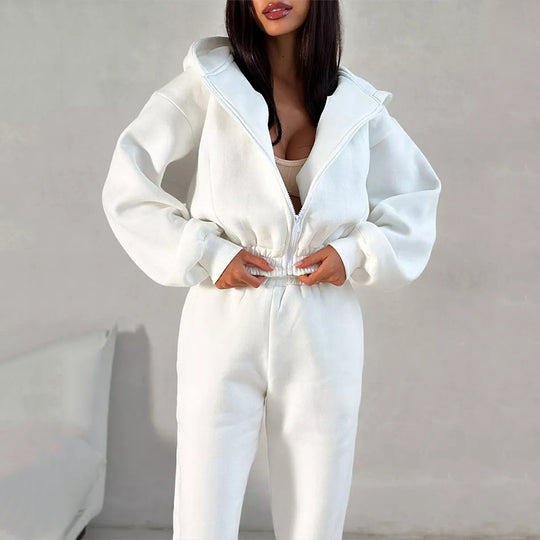 Damen Taillierter Zip-Overall im Loungewear-Stil mit Kapuze, Balloonärmeln und hoher Bundkante EB