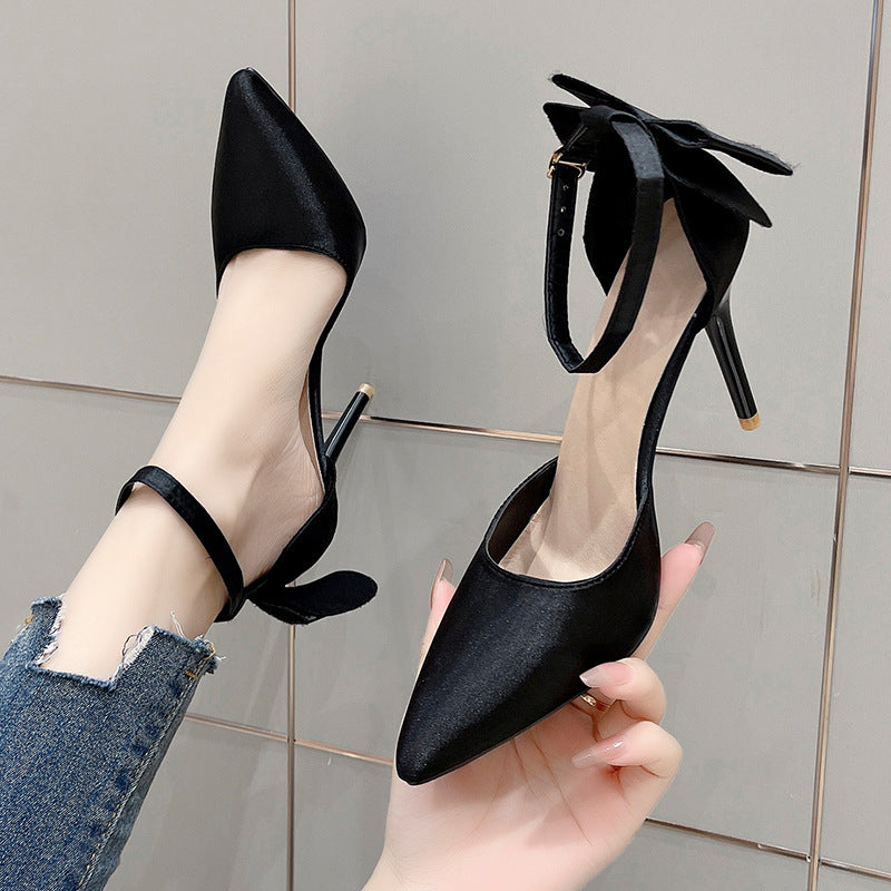 Damen Satin High Heels mit transparentem Riemen und Schleifenapplikation EB