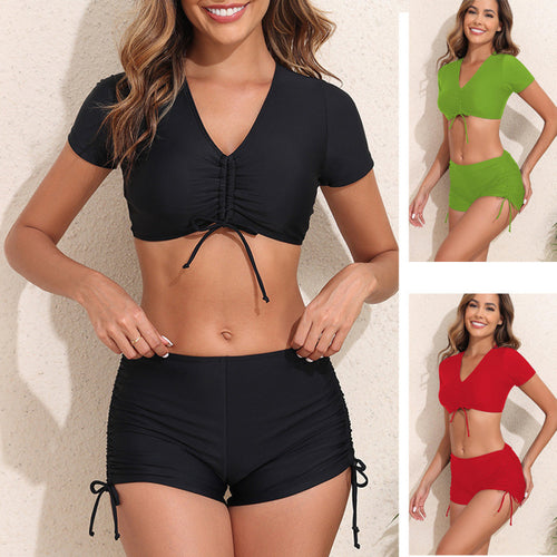 Damen Sportliches Crop-Top Badeanzug mit Raffung EB