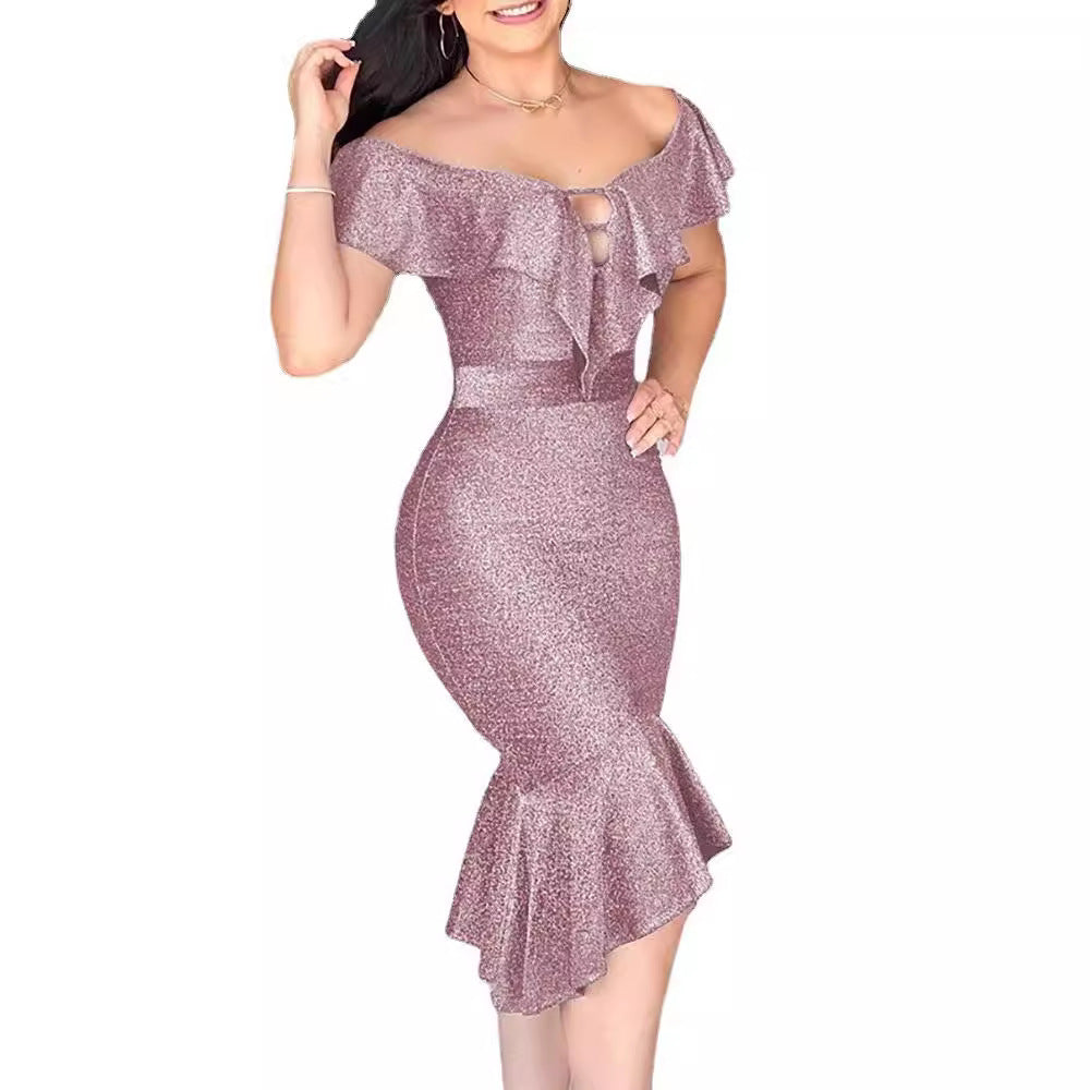 Damen Glitzerndes Midi-Kleid mit Rüschen und Schlitz EB