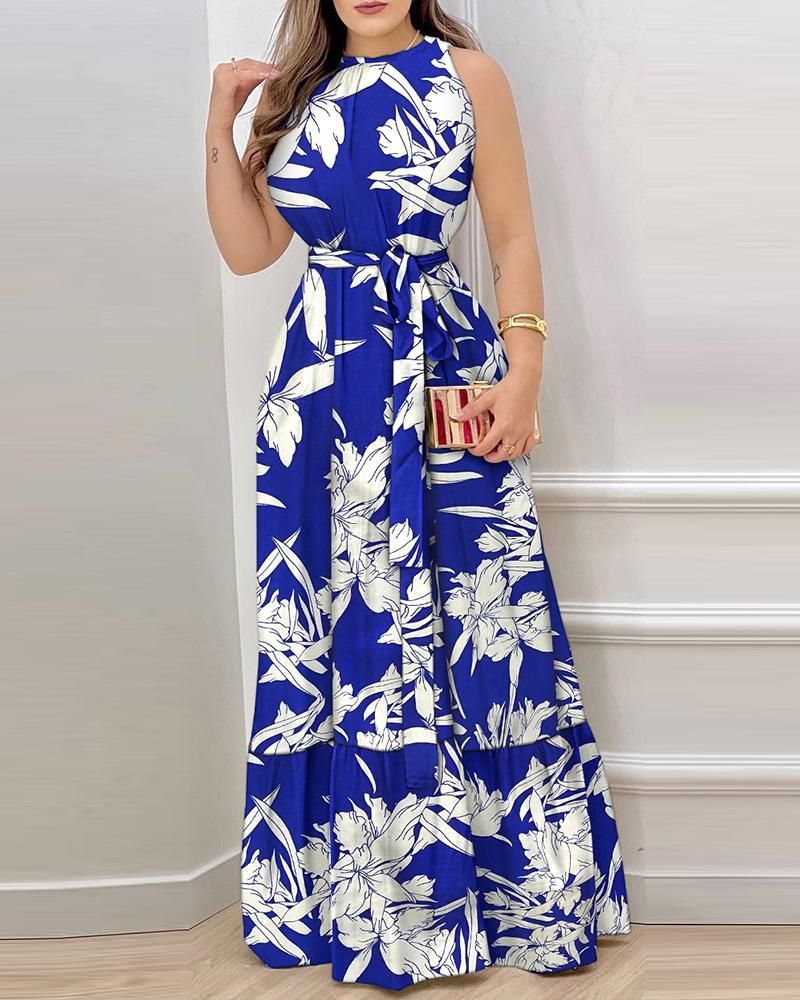 Damen Langärmliges Maxikleid mit floralem Muster und tailliertem Schnitt EB