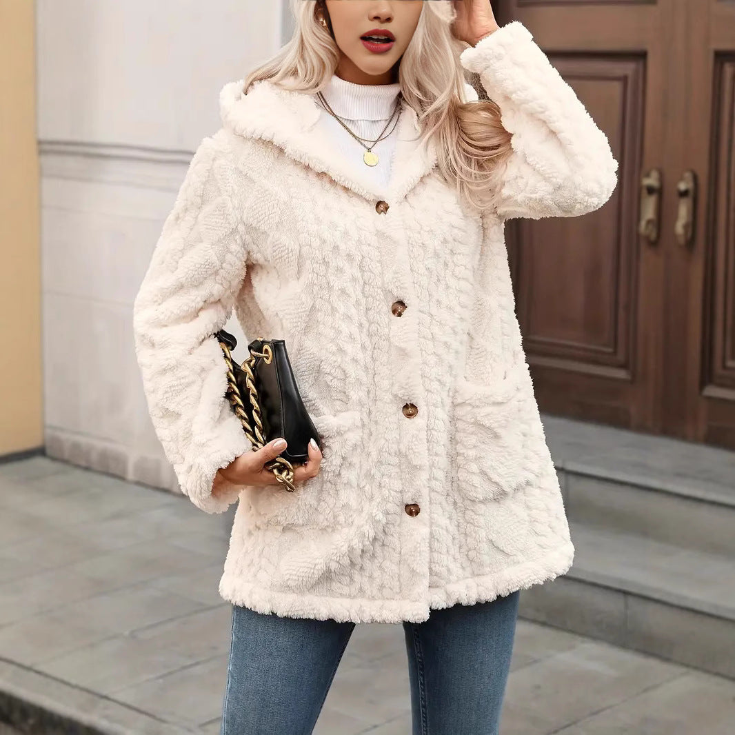 Damen angenehme und weiche Plüschjacke mit Kapuze und Taschen EB