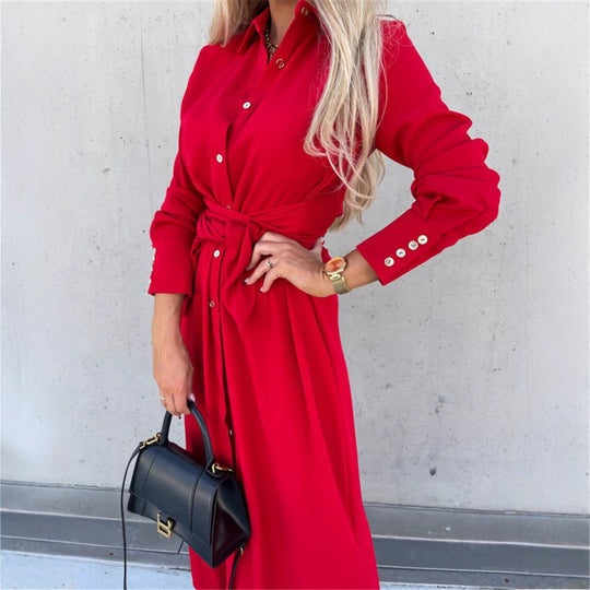 Damen Hemdkleid mit Wickelgürtel und Knopfleiste EB