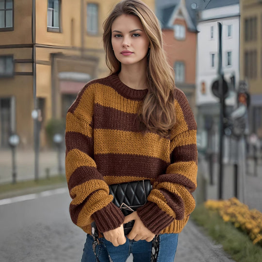 Damen Übergroßer gestreifter Strickpullover EB