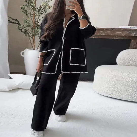 Damen elegantes Strickblazer-Set mit kontrastierenden Details EB