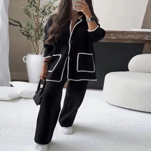 Damen elegantes Strickblazer-Set mit kontrastierenden Details EB