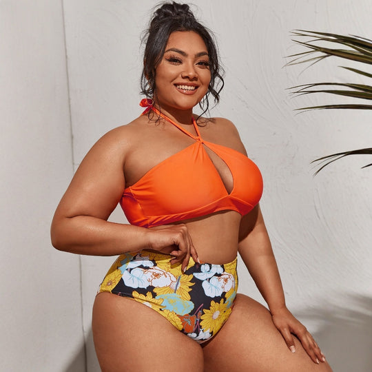 Damen Bikini-Set mit hoher Taille und verspieltem Blumenmuster EB