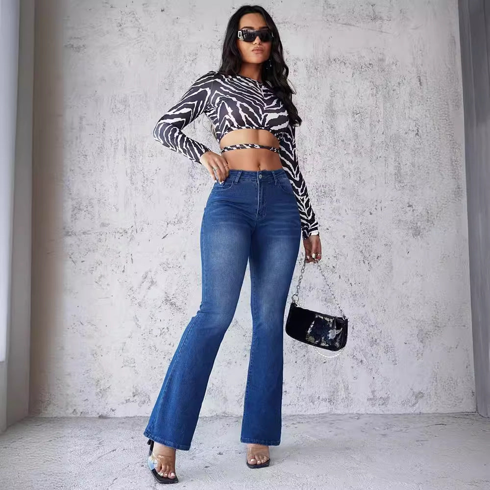 Damen Flared Jeans im modernen Design mit hohem Bund und ausgefallenem Waschung EB