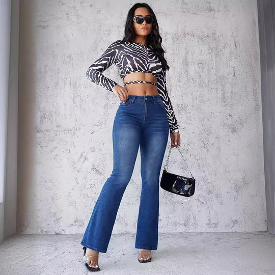 Damen Flared Jeans im modernen Design mit hohem Bund und ausgefallenem Waschung EB