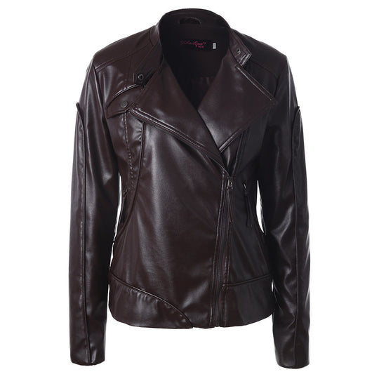 Damen Modische Kunstlederjacke mit asymmetrischem Reißverschluss und Stehkragen EB