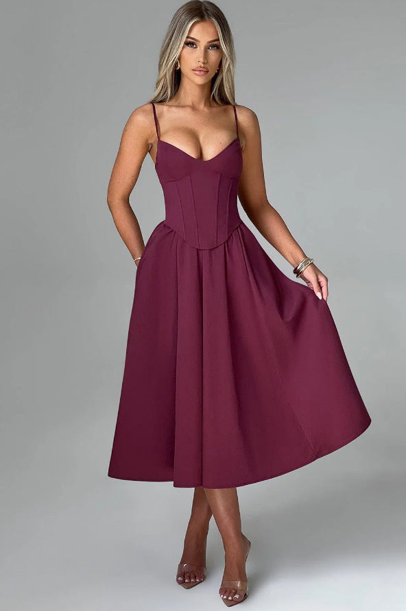Damen Midikleid mit figurbetontem Oberteil und schwingendem Rock EB