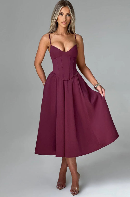 Damen Midikleid mit figurbetontem Oberteil und schwingendem Rock EB