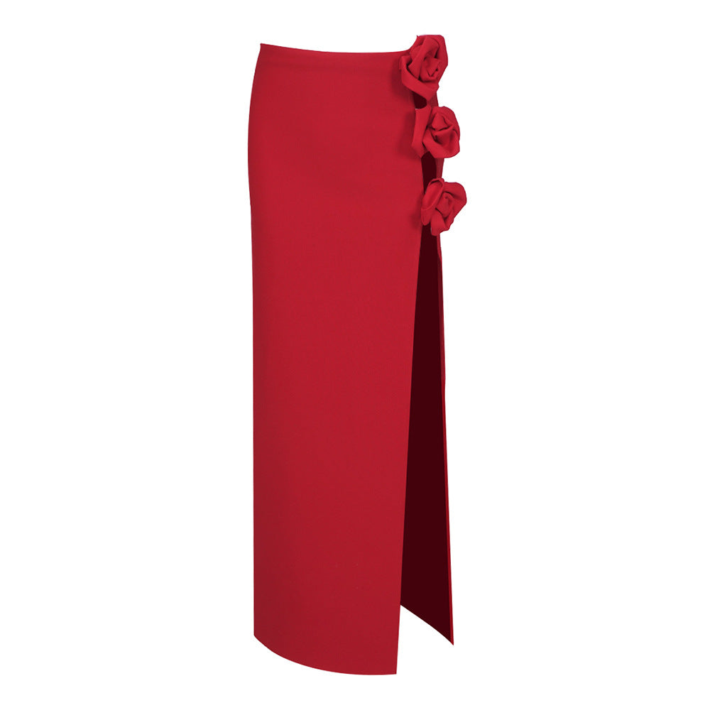 Damen eleganter, figurbetonter Rock mit Blumenapplikationen und seitlichem Schlitz EB
